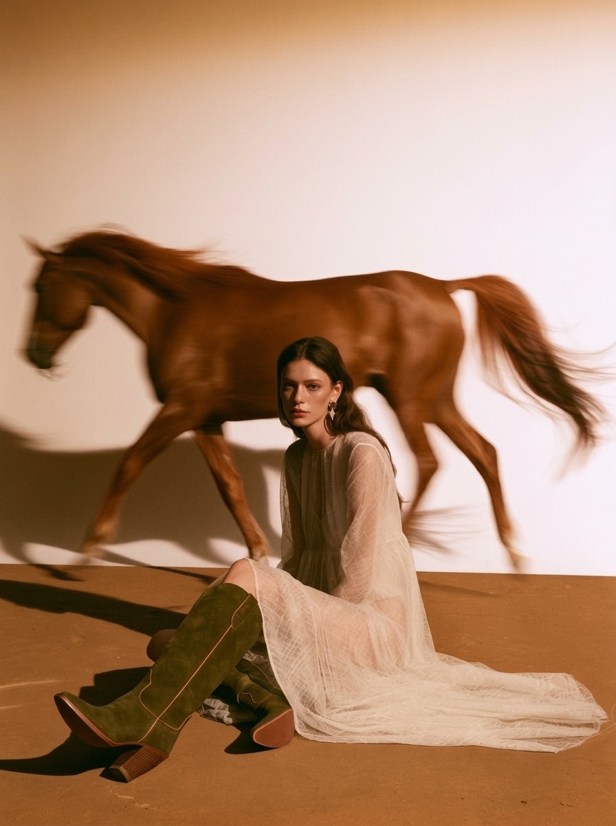 SABLE Boot Co. campaign: a chestnut horse in motion behind a seated model in olive suede boots